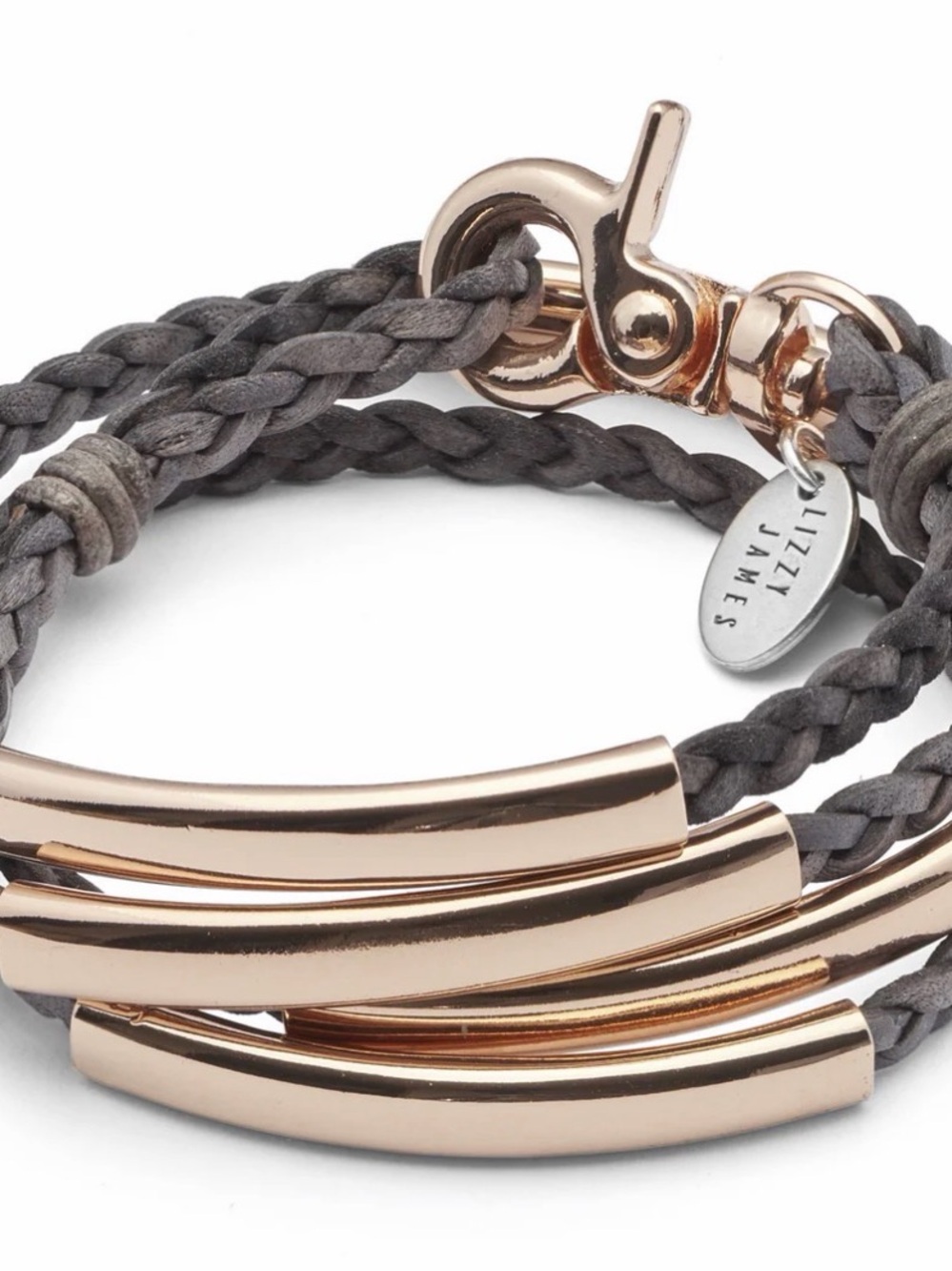 Lizzy James Brown Braided Leather Wrap Bracelet with Rose Gold Tubes and Toggle